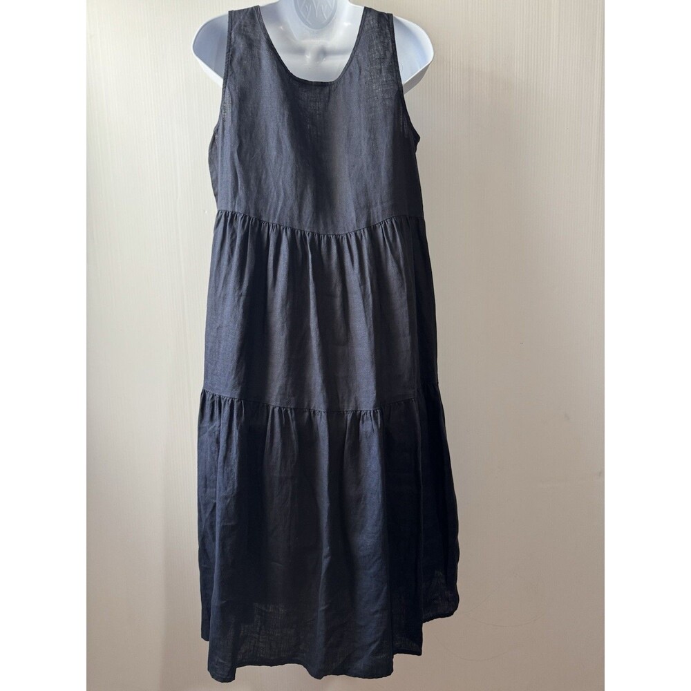 Eileen Fisher Linen Tiered Dress Womens Sz Small Black Midi Coastal Minimalist - Picture 2 of 15